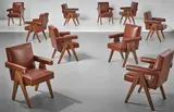 Pierre Jeanneret, Set of ten 'Committee' armchairs, model no. PJ-SI-30-A, designed for the High Court, the Assembly and Punjab University administrative buildings, Chandigarh, circa 1959, Teak, leather