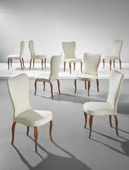Frits Henningsen, Rare set of eight dining chairs, designed for a private commission, Copenhagen, 1935-1945, Oak, fabric, leather