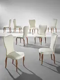 Frits Henningsen, Rare set of eight dining chairs, designed for a private commission, Copenhagen, 1935-1945, Oak, fabric, leather