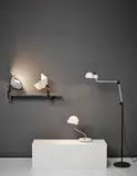 Joe Colombo, Pair of 'Triedro' clamp lamps, 'Topo' standard lamp, and 'Elmo' desk lamp, 1970s, Painted steel, painted tubular steel, chromium-plated tubular steel, chromium-plated brass, painted aluminium, acrylic
