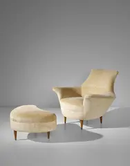 Carlo Paccagnini, Armchair and ottoman, designed for a private commission, Milan, circa 1953, Walnut, fabric