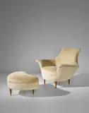 Carlo Paccagnini, Armchair and ottoman, designed for a private commission, Milan, circa 1953, Walnut, fabric