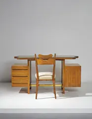 Carlo Paccagnini, Desk and chair, designed for a private commission, Milan, circa 1953, Oak, oak-veneered wood, glass, brass nail caps, brass fabric