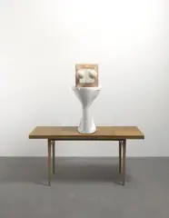 Sarah Lucas, Toilet Elevation, 2011, tights, fluff, concrete blocks, ceramic toilet and wooden table, in 3 parts