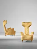 Renzo Zavanella, Pair of rare armchairs, 1950-1960s, Fabric, walnut