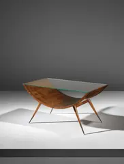 Rare coffee table by Gio Ponti, circa 1940, East Indian rosewood-veneered wood, walnut-veneered wood, walnut, brass, glass, sold Oct 2018