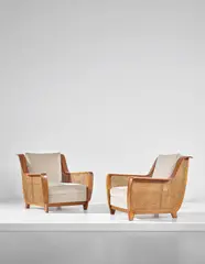 Paolo Buffa, Rare pair of armchairs, circa 1940, Walnut, cane, fabric