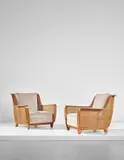 Paolo Buffa, Rare pair of armchairs, circa 1940, Walnut, cane, fabric