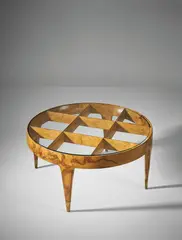 Rare coffee table, designed for the first class ballroom of the 'Giulio Cesare' ocean liner by Gio Ponti, circa 1951, Burr walnut-veneered wood, glass, brass, sold Oct 2018