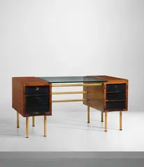 Desk by Gio Ponti, 1930s, East Indian rosewood-veneered wood, painted wood, anodised aluminium, glass, sold Oct 2018