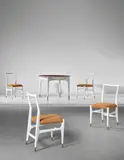 Rare dinette table and set of four side chairs by Gio Ponti, circa 1950, Teak-veneered wood, painted wood, fabric, brass, sold Oct 2018