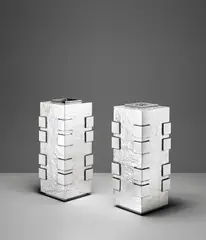 Jean Desprès, Important pair of vases, circa 1930, Silver-plated brass