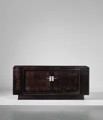 Sideboard by Jules Leleu, circa 1932, Stained-veneered wood, stained wood, East Indian rosewood-veneered wood, mahogany, nickel-plated brass, Lucite, offered Oct 2018