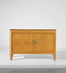 André Arbus and Vadim Androusov, Important and rare commode, circa 1950, Oak, oak-veneered wood, gilt-bronze, painted decoration