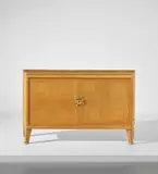 André Arbus and Vadim Androusov, Important and rare commode, circa 1950, Oak, oak-veneered wood, gilt-bronze, painted decoration