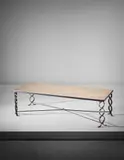 Jean Royere, 'Ruban' coffee table, circa 1948, Painted wrought iron, brass, limestone