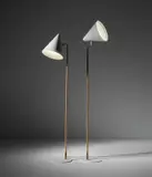 Two standard lamps, model nos. 9627, K 10-10 by Paavo Tynell, 1950s, Painted aluminium, cane-wrapped metal, brass, painted steel, sold Oct 2018