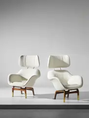 Ilmari Tapiovaara, Pair of rare armchairs with headrest, designed for the Hotel Marski, Helsinki, 1960-61, Fabric, teak, brass, brass-plated metal, acrylic