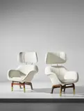 Ilmari Tapiovaara, Pair of rare armchairs with headrest, designed for the Hotel Marski, Helsinki, 1960-61, Fabric, teak, brass, brass-plated metal, acrylic