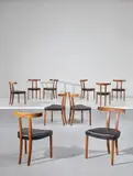 Ole Wanscher, Set of ten 'T' dining chairs, circa 1957, Caucasian wingnut, leather
