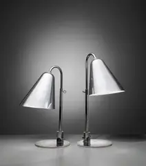 Pair of early and large adjustable table lamps by Vilhelm Lauritzen, designed 1928, Painted aluminium, nickel-plated metal, Bakelite, sold Oct 2018