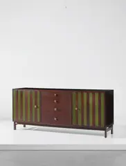 Sideboard by Ettore Sottsass, circa 1962, East Indian rosewood-veneered wood, Indian rosewood, stained wood, brass, sold Oct 2018