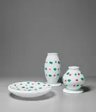Rare set of two vases and one dish, from the 'Orsete' series by Ettore Sottsass, circa 1974, Coloured glass, sold Oct 2018