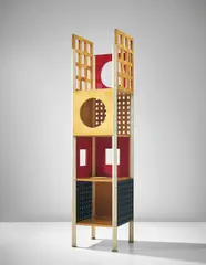 Ettore Sottsass, Prototype 'Commode column', circa 1963, Oak-veneered wood, oak, maple-veneered wood, painted maple-veneered wood, painted wood, painted steel