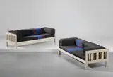 Pair of 'Califfo' divans by Ettore Sottsass, circa 1962, Painted wood, fabric, steel, sold Oct 2018