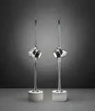 Angelo Lelii, Two 'Cobra' table lamps, model no. 12919, circa 1962, Chromium-plated brass, painted iron, patinated steel