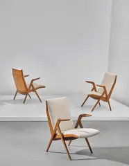 Taichiro Nakai, Rare set of three armchairs, designed for the 'Prima Mostra Selettiva', Cantù, circa 1955, Cherry wood, fabric