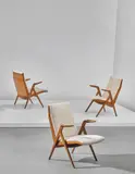 Taichiro Nakai, Rare set of three armchairs, designed for the 'Prima Mostra Selettiva', Cantù, circa 1955, Cherry wood, fabric