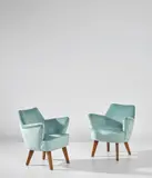 Gio Ponti, Pair of armchairs, designed for the first class ballroom of the 'Conte Biancamano' ocean liner, circa 1949, Fabric, walnut
