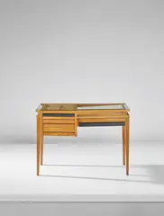 Writing desk by Ico Parisi, circa 1952, Walnut-veneered wood, walnut, painted wood, glass, sold Oct 2018