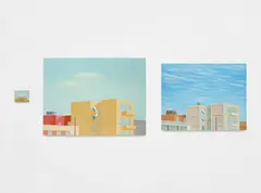 Francis Alÿs, Cityscapes - (con sabana), (Triptych: Francis - Juan Garcia - Emilio Rivera), 1993, oil on canvas and enamel on metal sheet, triptych