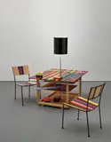 Franz West, Creativity: Furniture Reversal, 1998, 2 chairs, table, lamp, various coloured fabric tapes, DVD, and videocassette