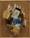 John Latham, World of Ice, 1960, books and plaster on burlap laid on board, in artist's frame