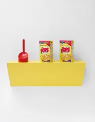 Haim Steinbach, pops, 2006, plastic laminated wood shelf, 1 plastic toilet brush and 2 “Pops” cereal boxes