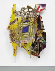 Elliott Hundley, O Dika, 2007, wood, sound board, Styrofoam, plastic, wax, paper, string, glitter, wire, silk, acrylic paint, canvas, tin, pins, feathers, animal claws, metal brackets, wheel