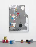 GuytonWalker, Untitled, 2009, acrylic, silkscreen and inkjet print on canvas and inkjet prints on paint cans