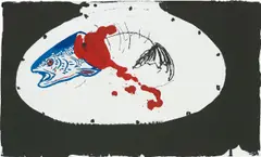 Platter with Trout #39 by Calvin Marcus, 2015, liquid watercolour, water soluble wax, vinyl paint, oil crayon and gesso on printed cardboard, sold Apr 2017