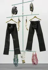 Mobile #2 by Christian Holstad, 2006, underwear, hand dyed hemp, hematite rose quartz, can, wood, cotton, wheat grass stains, vegetable leather, pencils, huma, sold Apr 2017
