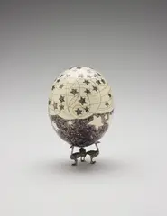 Aleksandra Mir, Fabergé Egg, 2005, fiber-tipped pen on ostrich egg shell with metal stand
