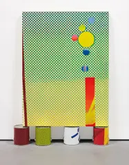 GuytonWalker, Untitled, 2009, paint, silkscreen, inkjet print on canvas and digital inkjet prints on paint cans, in 5 parts