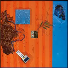 Alex Da Corte, The Money Pit, 2013, spray paint, adhesive vinyl, CD, sticker, currency, plastic leaves, sequins, rubber ties, fabric, marbleized Plexiglas, gold foil, foam and Duct tape, in artist's frame
