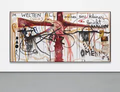 Jonathan Meese, Kampf um Pluto, 2006, oil and collaged photographs on canvas, triptych