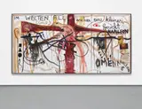 Kampf um Pluto by Jonathan Meese, 2006, oil and collaged photographs on canvas, triptych, sold Dec 2017