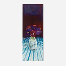 Flowers in Bottles: Pansies #1 by Paul Wonner, 2002, acrylic on paper, sold Apr 2025
