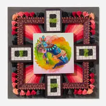 Curiot, Whirlwind, 2013, acrylic on canvas, hand-carved wood assemblage, yarn, mixed media