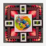 Curiot, Whirlwind, 2013, acrylic on canvas, hand-carved wood assemblage, yarn, mixed media